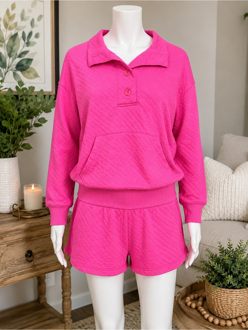 Women's Pink Quilted Sweatshirt & Shorts Lounge Set XS 2-Piece